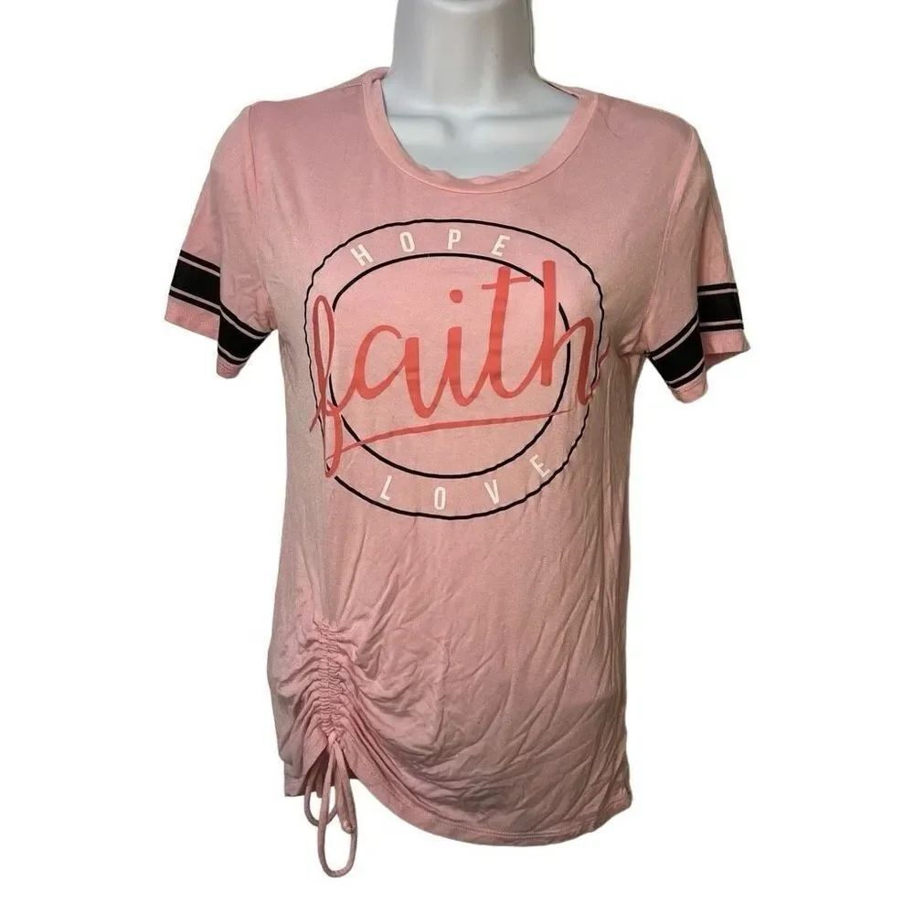 🔥4/$25 No Boundaries Juniors “Hope Faith Love” Side Cinch Tee Shirt Pink Black